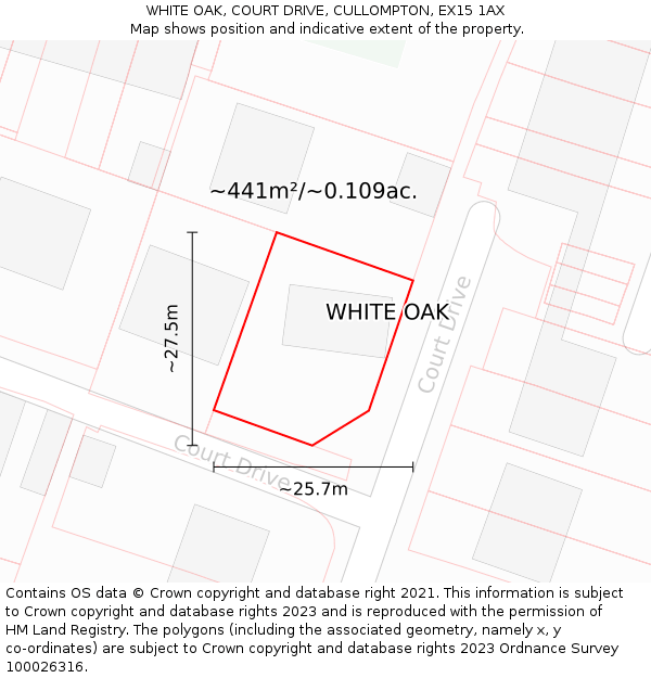 WHITE OAK, COURT DRIVE, CULLOMPTON, EX15 1AX: Plot and title map