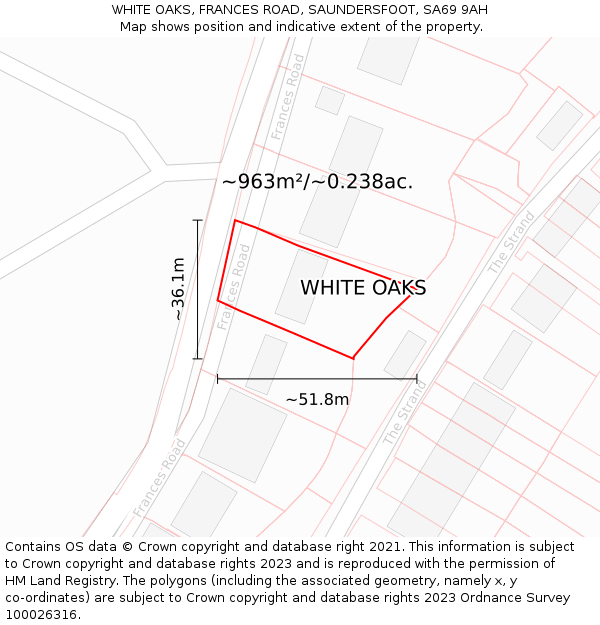 WHITE OAKS, FRANCES ROAD, SAUNDERSFOOT, SA69 9AH: Plot and title map