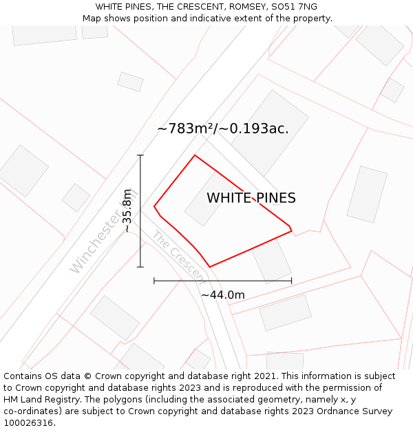 WHITE PINES, THE CRESCENT, ROMSEY, SO51 7NG: Plot and title map