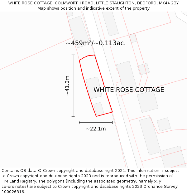 WHITE ROSE COTTAGE, COLMWORTH ROAD, LITTLE STAUGHTON, BEDFORD, MK44 2BY: Plot and title map