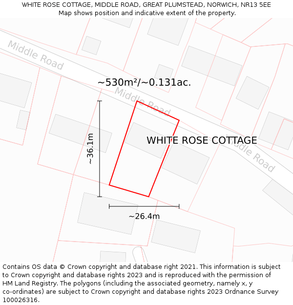 WHITE ROSE COTTAGE, MIDDLE ROAD, GREAT PLUMSTEAD, NORWICH, NR13 5EE: Plot and title map