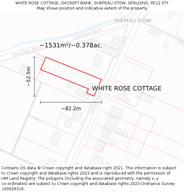 WHITE ROSE COTTAGE, OXCROFT BANK, SHEPEAU STOW, SPALDING, PE12 0TY: Plot and title map