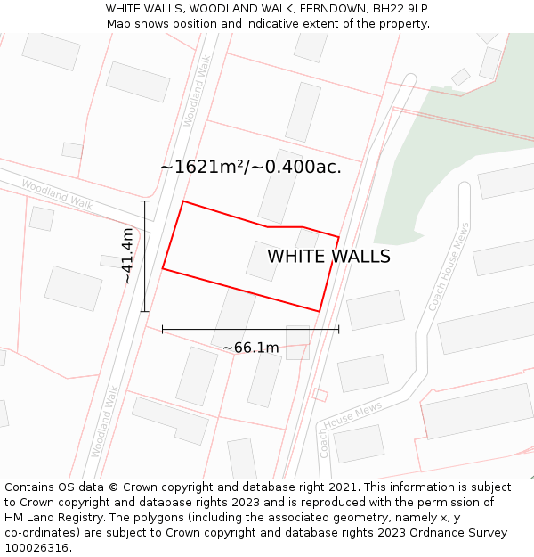 WHITE WALLS, WOODLAND WALK, FERNDOWN, BH22 9LP: Plot and title map