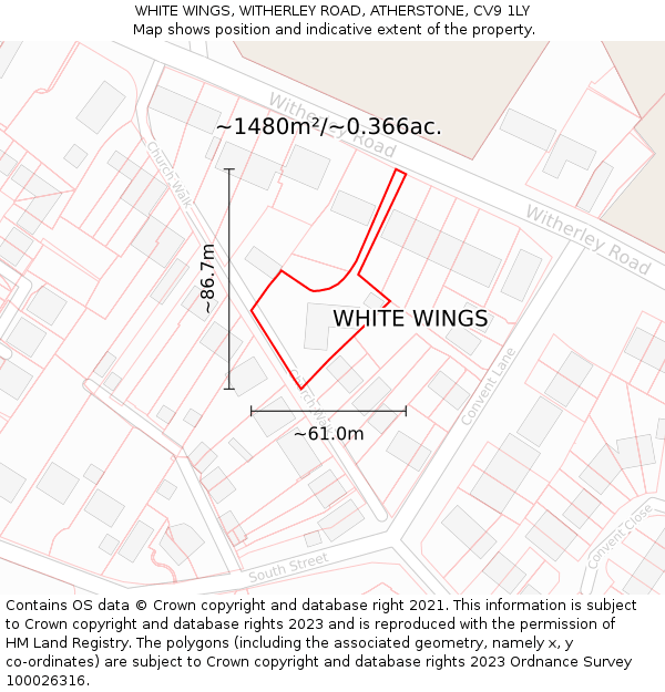 WHITE WINGS, WITHERLEY ROAD, ATHERSTONE, CV9 1LY: Plot and title map