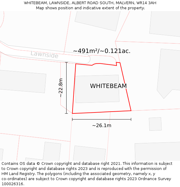 WHITEBEAM, LAWNSIDE, ALBERT ROAD SOUTH, MALVERN, WR14 3AH: Plot and title map