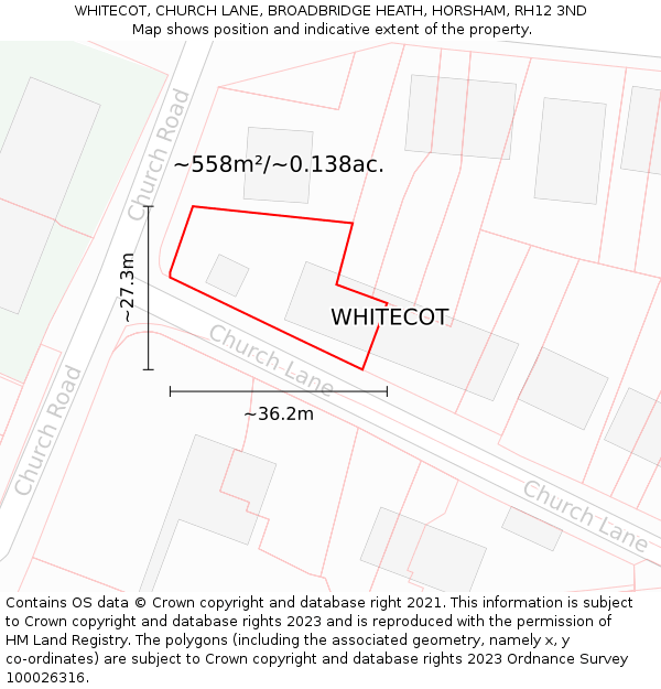 WHITECOT, CHURCH LANE, BROADBRIDGE HEATH, HORSHAM, RH12 3ND: Plot and title map