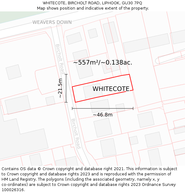 WHITECOTE, BIRCHOLT ROAD, LIPHOOK, GU30 7PQ: Plot and title map