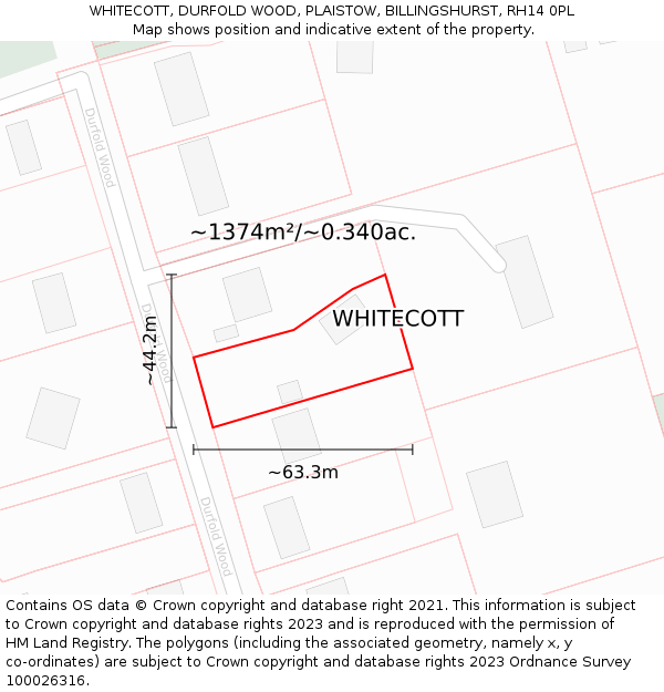 WHITECOTT, DURFOLD WOOD, PLAISTOW, BILLINGSHURST, RH14 0PL: Plot and title map