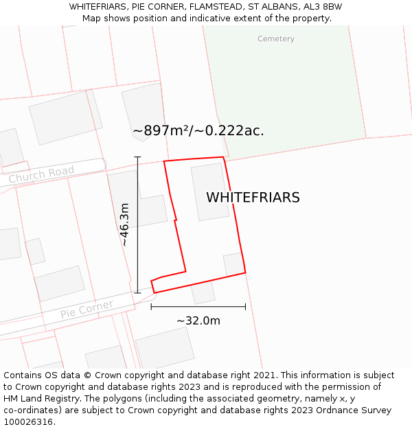 WHITEFRIARS, PIE CORNER, FLAMSTEAD, ST ALBANS, AL3 8BW: Plot and title map