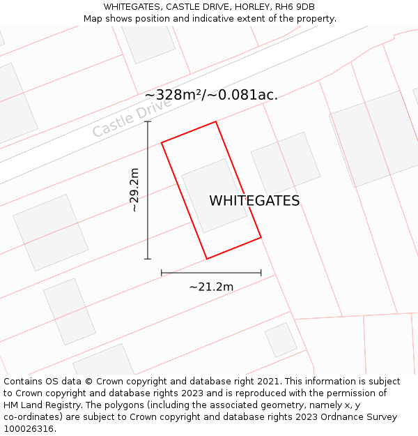 WHITEGATES, CASTLE DRIVE, HORLEY, RH6 9DB: Plot and title map