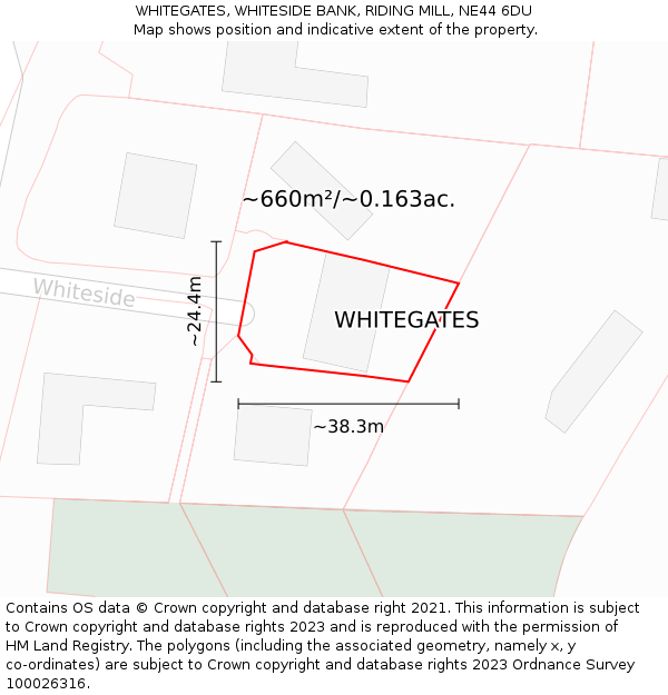 WHITEGATES, WHITESIDE BANK, RIDING MILL, NE44 6DU: Plot and title map