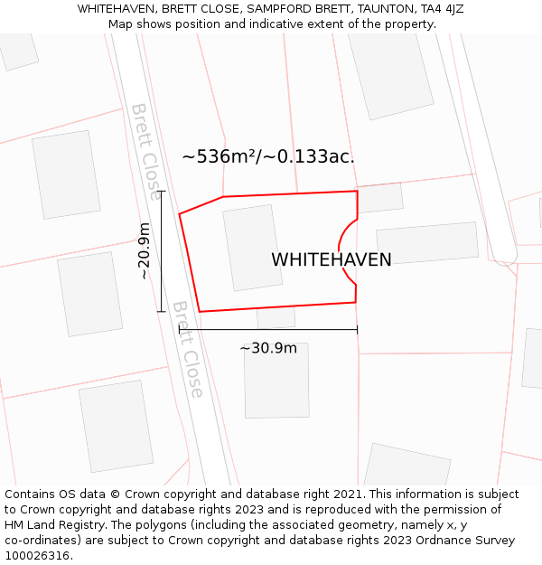 WHITEHAVEN, BRETT CLOSE, SAMPFORD BRETT, TAUNTON, TA4 4JZ: Plot and title map