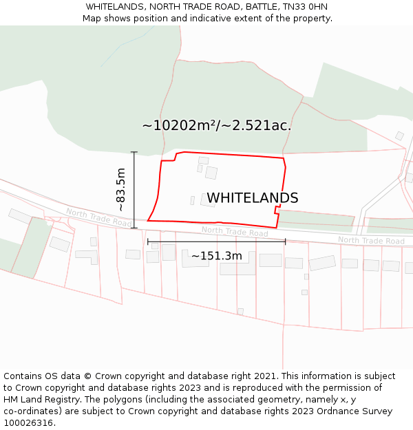 WHITELANDS, NORTH TRADE ROAD, BATTLE, TN33 0HN: Plot and title map