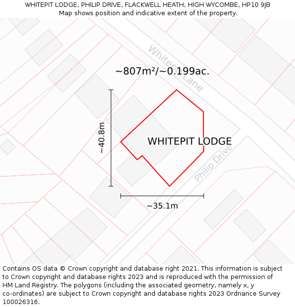 WHITEPIT LODGE, PHILIP DRIVE, FLACKWELL HEATH, HIGH WYCOMBE, HP10 9JB: Plot and title map