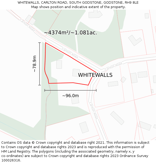 WHITEWALLS, CARLTON ROAD, SOUTH GODSTONE, GODSTONE, RH9 8LE: Plot and title map