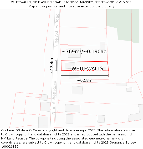 WHITEWALLS, NINE ASHES ROAD, STONDON MASSEY, BRENTWOOD, CM15 0ER: Plot and title map