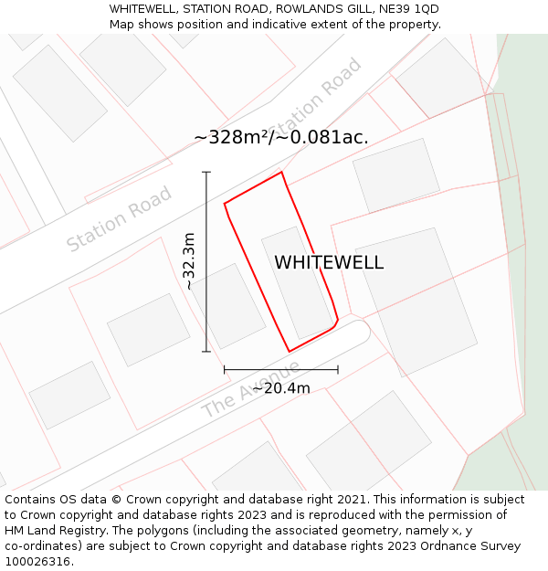 WHITEWELL, STATION ROAD, ROWLANDS GILL, NE39 1QD: Plot and title map