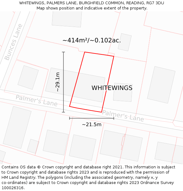 WHITEWINGS, PALMERS LANE, BURGHFIELD COMMON, READING, RG7 3DU: Plot and title map