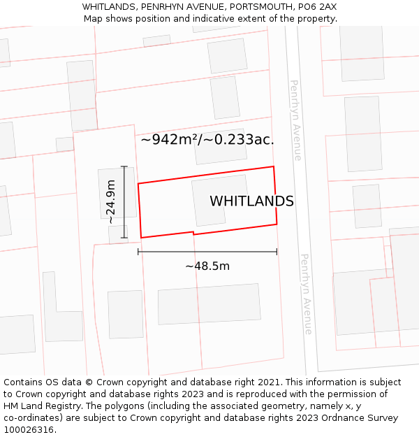 WHITLANDS, PENRHYN AVENUE, PORTSMOUTH, PO6 2AX: Plot and title map