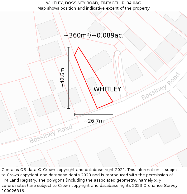 WHITLEY, BOSSINEY ROAD, TINTAGEL, PL34 0AG: Plot and title map