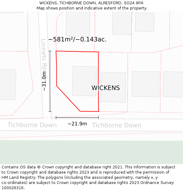 WICKENS, TICHBORNE DOWN, ALRESFORD, SO24 9PA: Plot and title map