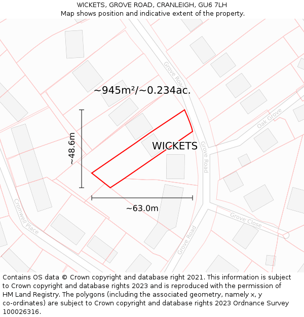 WICKETS, GROVE ROAD, CRANLEIGH, GU6 7LH: Plot and title map