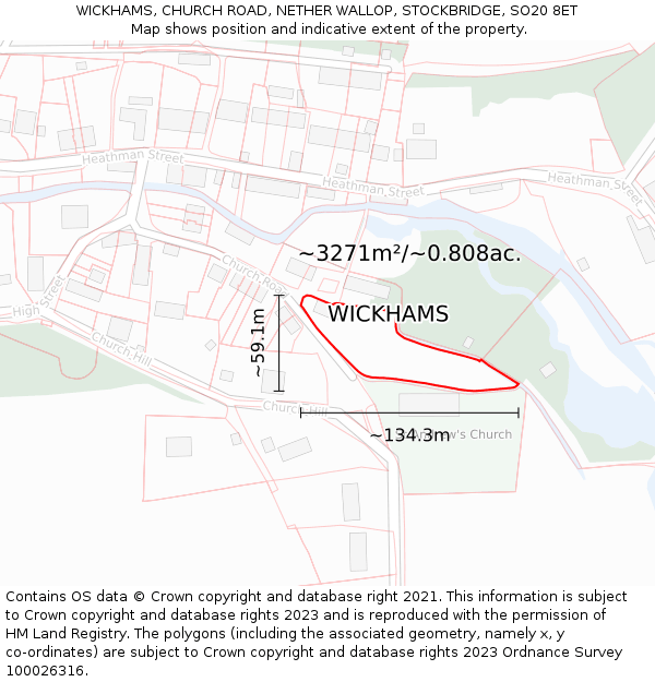 WICKHAMS, CHURCH ROAD, NETHER WALLOP, STOCKBRIDGE, SO20 8ET: Plot and title map