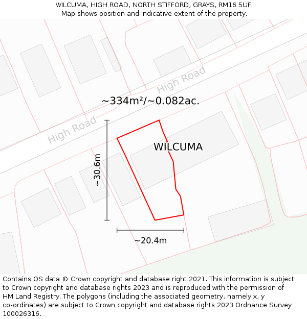 WILCUMA, HIGH ROAD, NORTH STIFFORD, GRAYS, RM16 5UF: Plot and title map