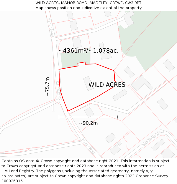 WILD ACRES, MANOR ROAD, MADELEY, CREWE, CW3 9PT: Plot and title map