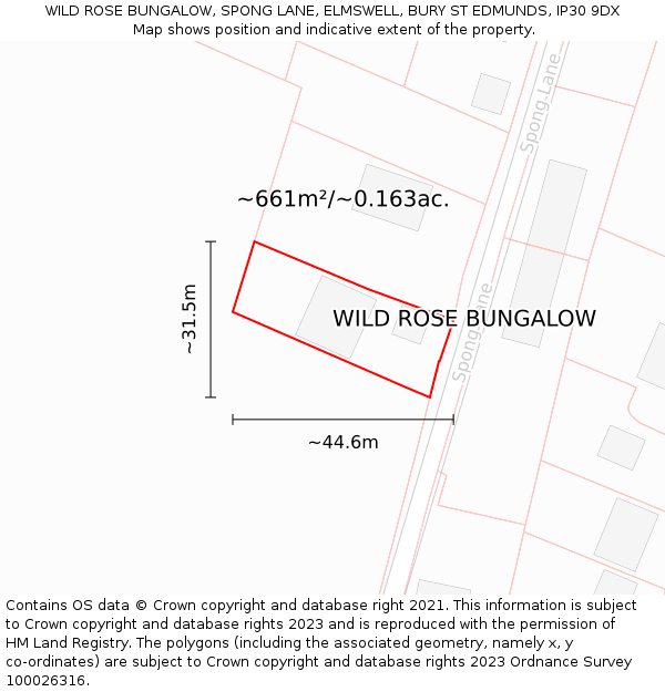 WILD ROSE BUNGALOW, SPONG LANE, ELMSWELL, BURY ST EDMUNDS, IP30 9DX: Plot and title map