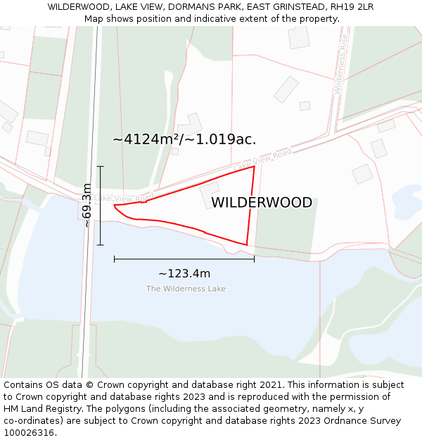 WILDERWOOD, LAKE VIEW, DORMANS PARK, EAST GRINSTEAD, RH19 2LR: Plot and title map