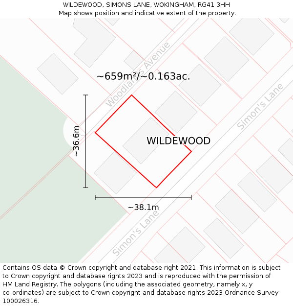 WILDEWOOD, SIMONS LANE, WOKINGHAM, RG41 3HH: Plot and title map