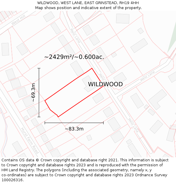 WILDWOOD, WEST LANE, EAST GRINSTEAD, RH19 4HH: Plot and title map