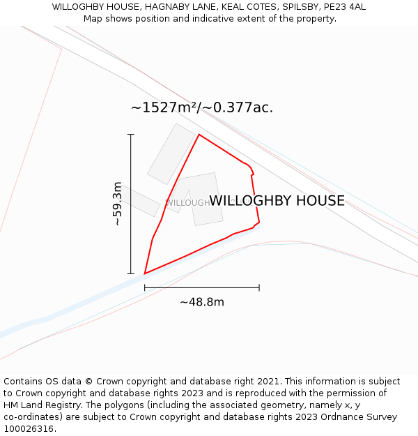 WILLOGHBY HOUSE, HAGNABY LANE, KEAL COTES, SPILSBY, PE23 4AL: Plot and title map