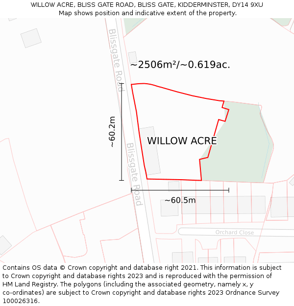 WILLOW ACRE, BLISS GATE ROAD, BLISS GATE, KIDDERMINSTER, DY14 9XU: Plot and title map