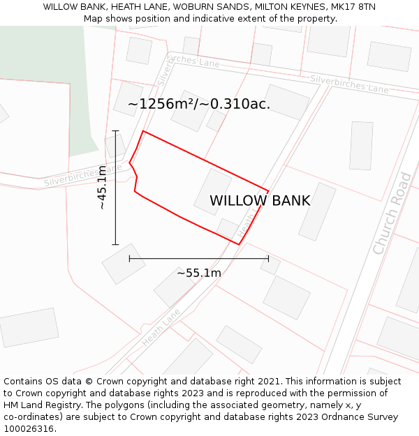 WILLOW BANK, HEATH LANE, WOBURN SANDS, MILTON KEYNES, MK17 8TN: Plot and title map