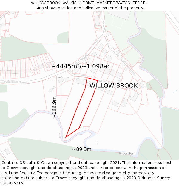 WILLOW BROOK, WALKMILL DRIVE, MARKET DRAYTON, TF9 1EL: Plot and title map
