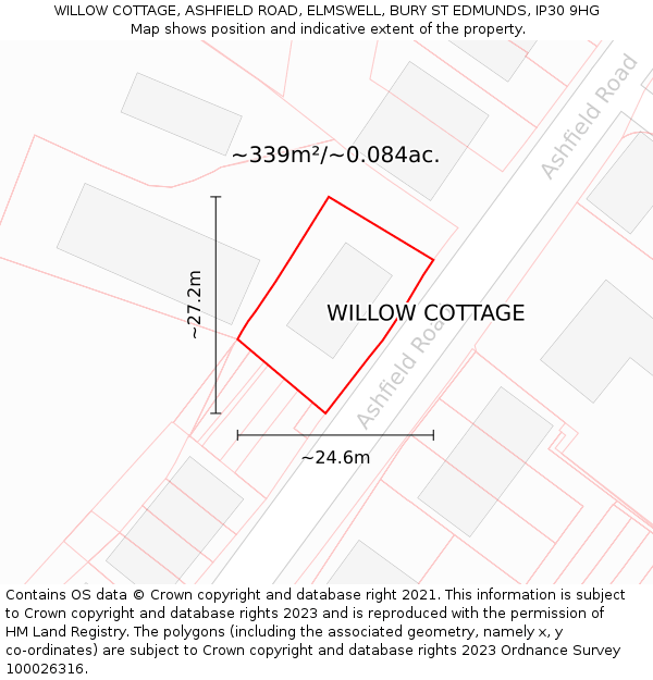 WILLOW COTTAGE, ASHFIELD ROAD, ELMSWELL, BURY ST EDMUNDS, IP30 9HG: Plot and title map