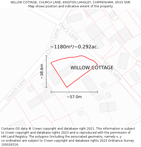 WILLOW COTTAGE, CHURCH LANE, KINGTON LANGLEY, CHIPPENHAM, SN15 5NR: Plot and title map