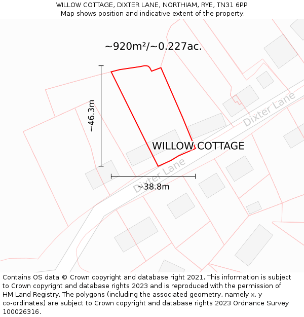 WILLOW COTTAGE, DIXTER LANE, NORTHIAM, RYE, TN31 6PP: Plot and title map