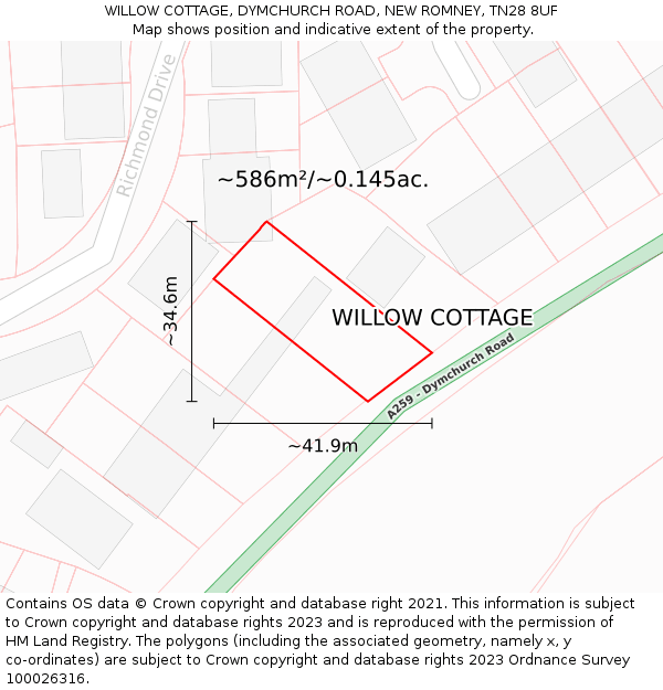 WILLOW COTTAGE, DYMCHURCH ROAD, NEW ROMNEY, TN28 8UF: Plot and title map