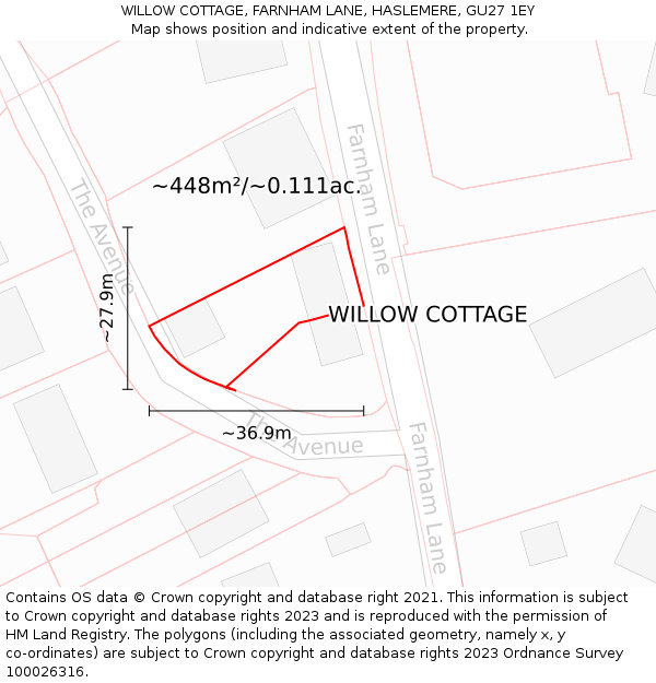 WILLOW COTTAGE, FARNHAM LANE, HASLEMERE, GU27 1EY: Plot and title map