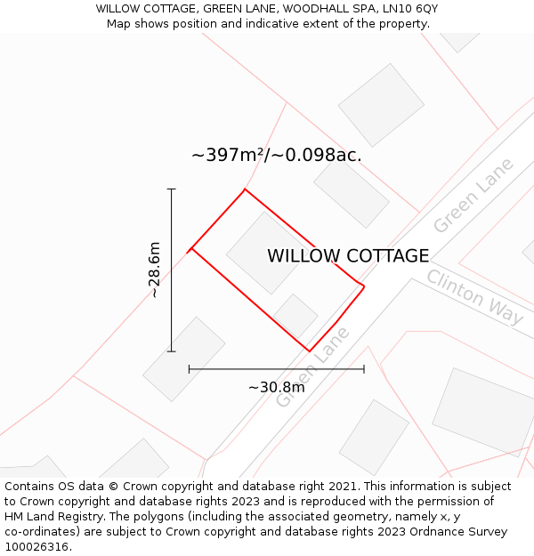 WILLOW COTTAGE, GREEN LANE, WOODHALL SPA, LN10 6QY: Plot and title map