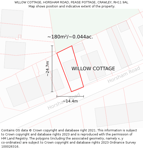 WILLOW COTTAGE, HORSHAM ROAD, PEASE POTTAGE, CRAWLEY, RH11 9AL: Plot and title map