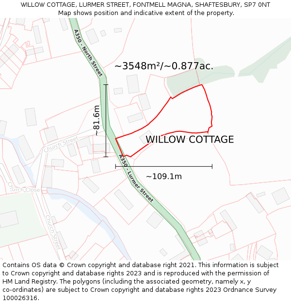 WILLOW COTTAGE, LURMER STREET, FONTMELL MAGNA, SHAFTESBURY, SP7 0NT: Plot and title map