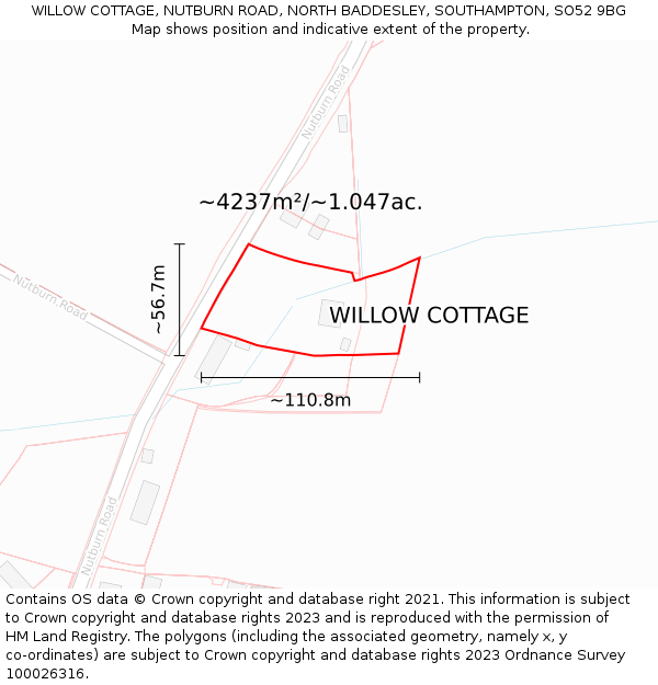 WILLOW COTTAGE, NUTBURN ROAD, NORTH BADDESLEY, SOUTHAMPTON, SO52 9BG: Plot and title map