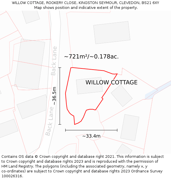 WILLOW COTTAGE, ROOKERY CLOSE, KINGSTON SEYMOUR, CLEVEDON, BS21 6XY: Plot and title map