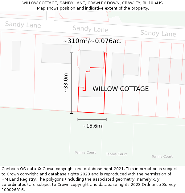 WILLOW COTTAGE, SANDY LANE, CRAWLEY DOWN, CRAWLEY, RH10 4HS: Plot and title map