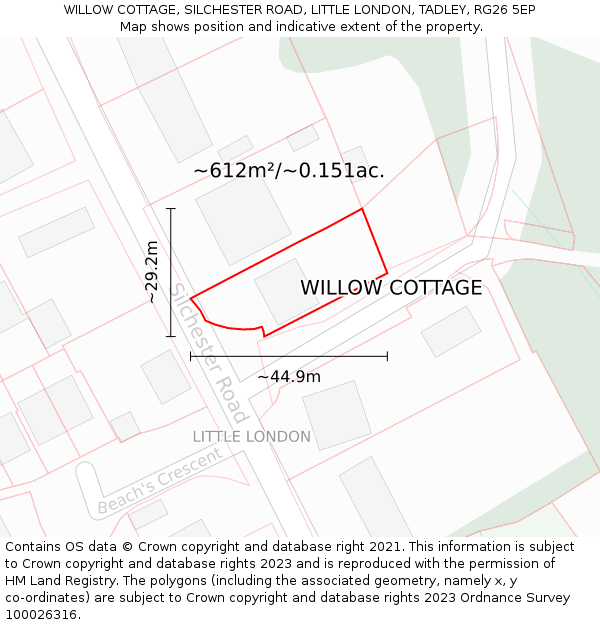 WILLOW COTTAGE, SILCHESTER ROAD, LITTLE LONDON, TADLEY, RG26 5EP: Plot and title map