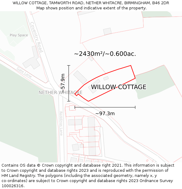 WILLOW COTTAGE, TAMWORTH ROAD, NETHER WHITACRE, BIRMINGHAM, B46 2DR: Plot and title map